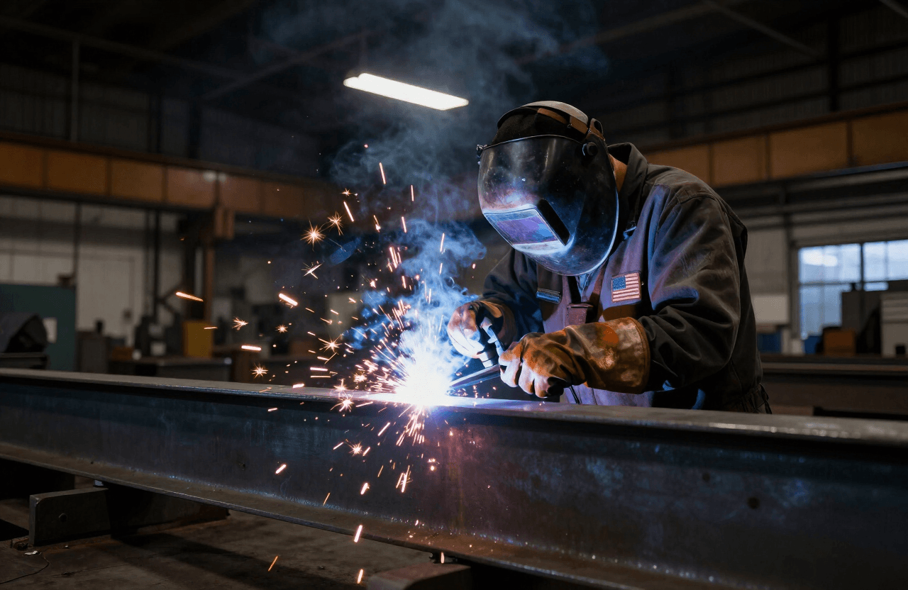 American welder fabricating Powernetics steel frames